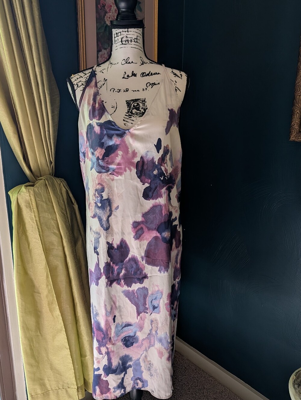 Stars Above Satin Slip Dress Chemise XXL White Purple Floral Tropical Watercolor